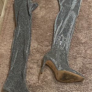 Silver stretch fabric stilettos. Mint condition. roomy for big calves/legs lady